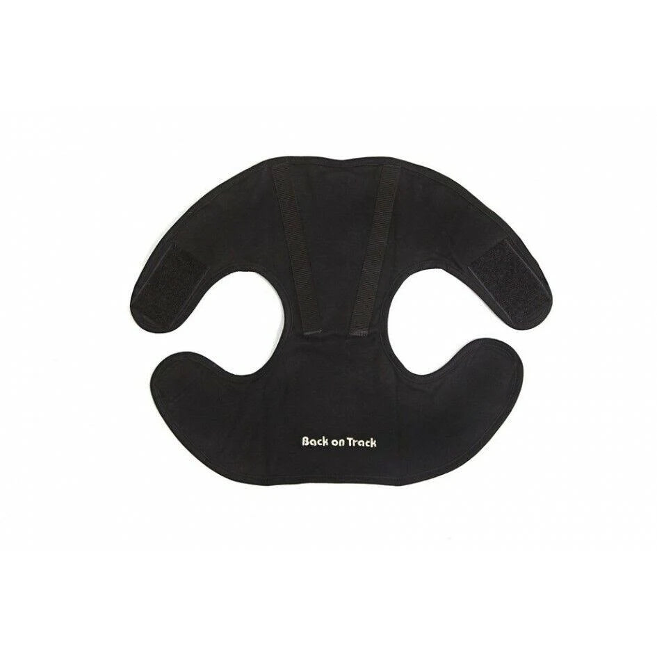 Therapeutic Horse Poll Cap in black with ergonomic design and velcro straps for secure fit, ideal for calming excitable horses.