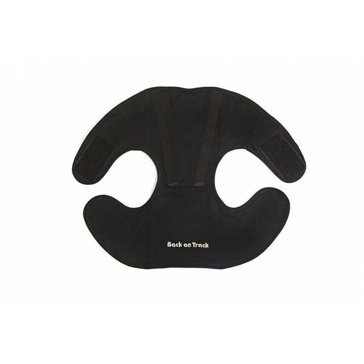 Therapeutic Horse Poll Cap in black with ergonomic design and velcro straps for secure fit, ideal for calming excitable horses.