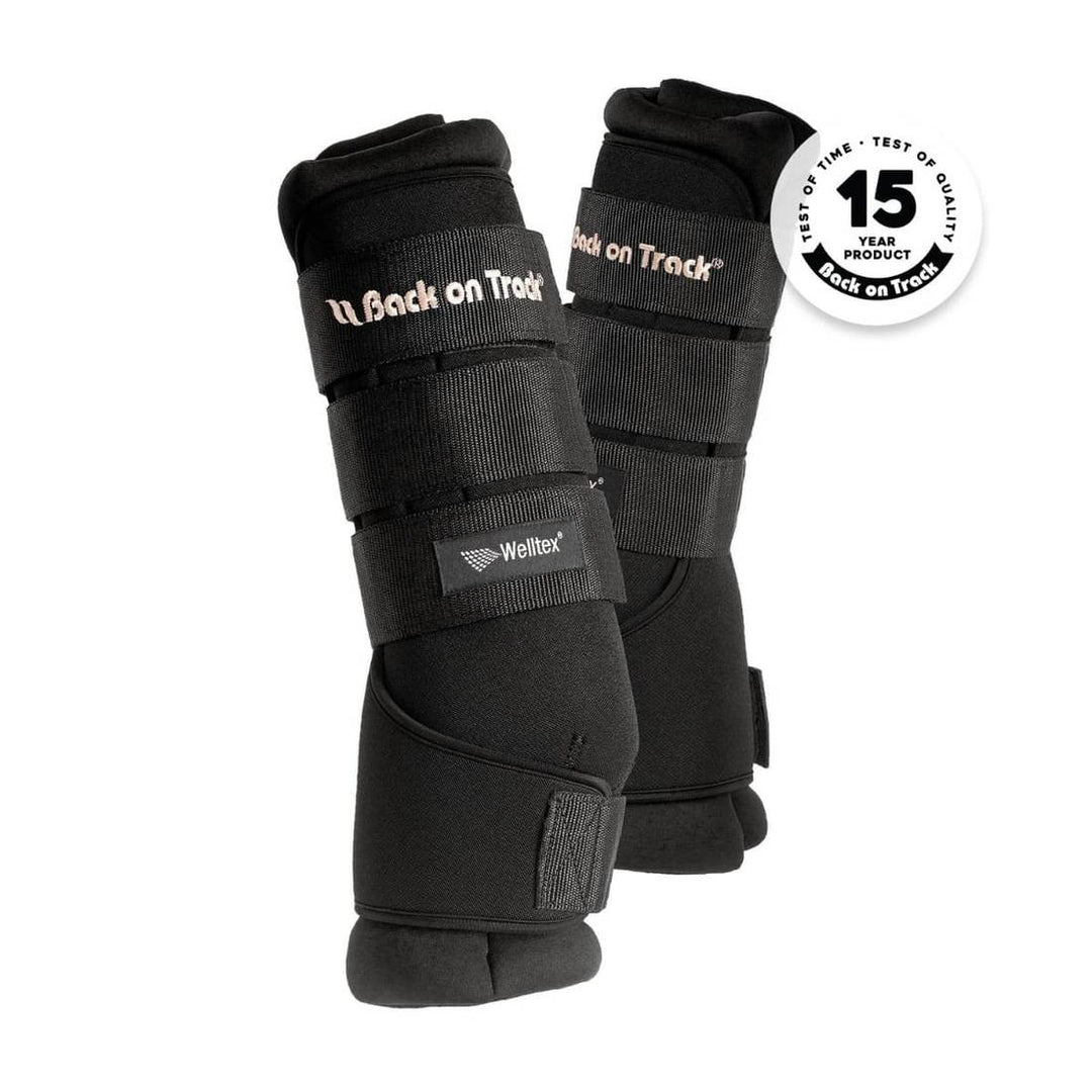 Back On Track Royal Quick Wraps for horses in black with Welltex technology, designed for leg therapy and reducing swelling. Durable and easy to use, ideal for stable or travel use.
