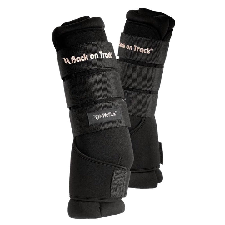 Back On Track Royal Quick Wraps for horses in black, featuring Velcro straps and Welltex fabric for leg therapy and swelling reduction.
