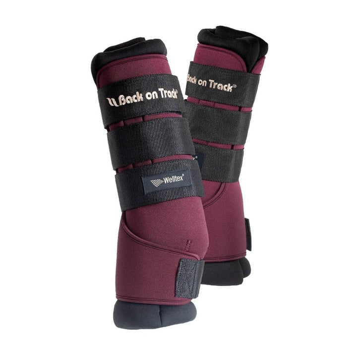 Back On Track Royal Quick Wraps in burgundy with black straps, designed for horse leg therapy and support. Ideal for reducing swelling and ensuring comfort.