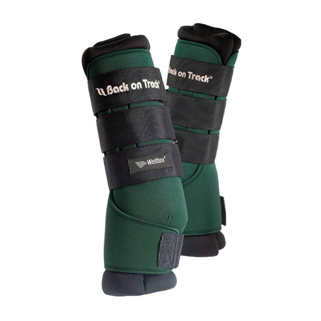 Back On Track Royal Quick Wraps in green with black straps, designed for horse leg therapy and support. Ideal for reducing swelling and ensuring comfort.