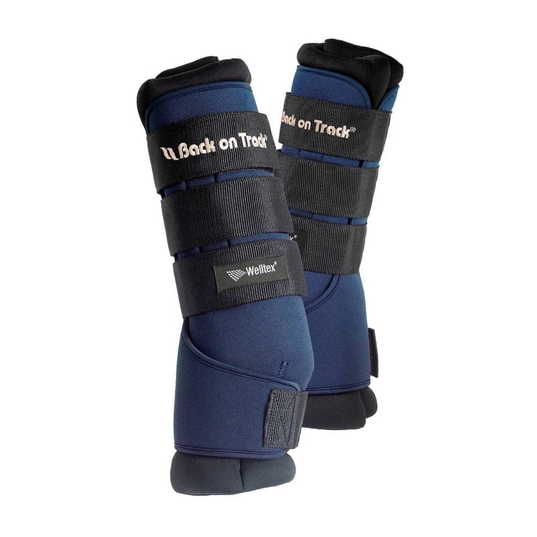 Back On Track Royal Quick Wraps in navy blue with black straps, designed for horse leg therapy and support. Ideal for reducing swelling and ensuring comfort.
