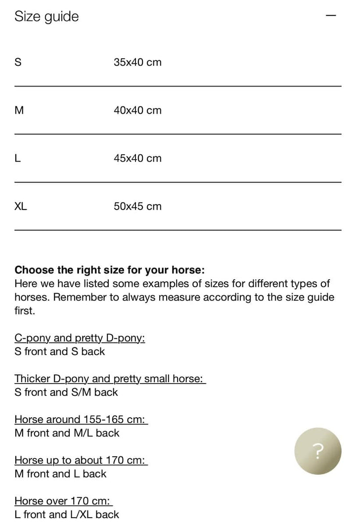 Size guide for Back On Track Royal Quick Wraps, showing dimensions for sizes S, M, L, and XL, along with horse type recommendations.