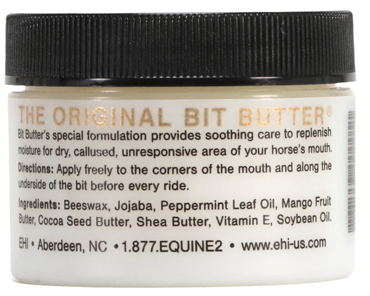 Back label of travel-size Original Bit Butter jar detailing product description, directions, and natural ingredients.