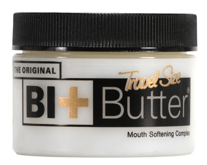 Travel-size jar of Original Bit Butter with a black lid, labeled as a mouth softening complex for horse care.
