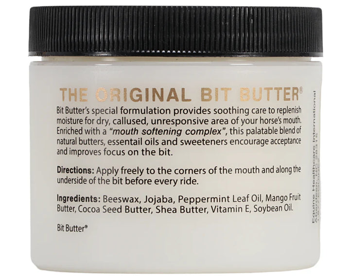 Back label of Original Bit Butter 4oz jar showing product description, usage directions, and natural ingredient list.