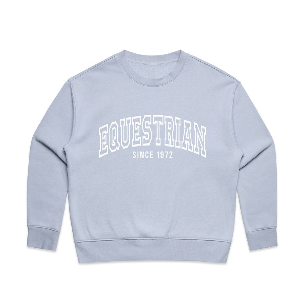 Light blue Limited Edition Equestrian Sweatshirt with 'Equestrian Since 1972' embossed text, relaxed fit, and crew neckline.