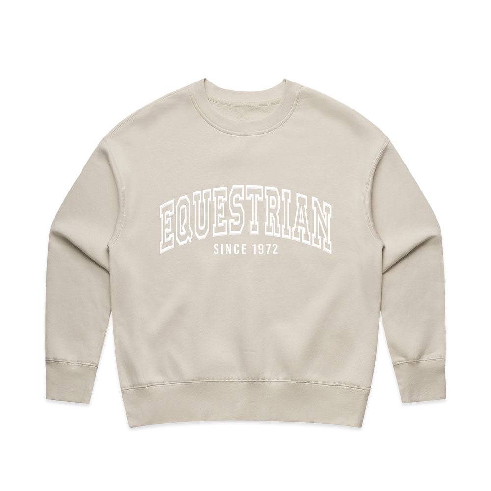 Beige Limited Edition Equestrian Sweatshirt featuring 'Equestrian Since 1972' embossed text, crew neckline, and relaxed fit.