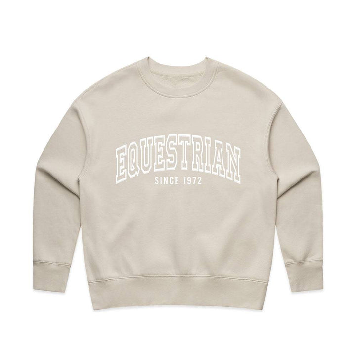 Beige Limited Edition Equestrian Sweatshirt featuring 'Equestrian Since 1972' embossed text, crew neckline, and relaxed fit.