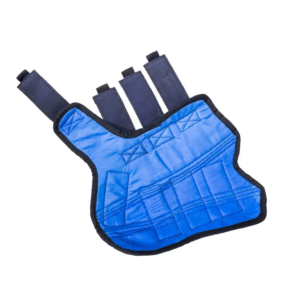 Interior view of Cool On Track Quick Wrap showing quilted blue lining and strap design for optimal cooling and comfort in horse leg therapy.