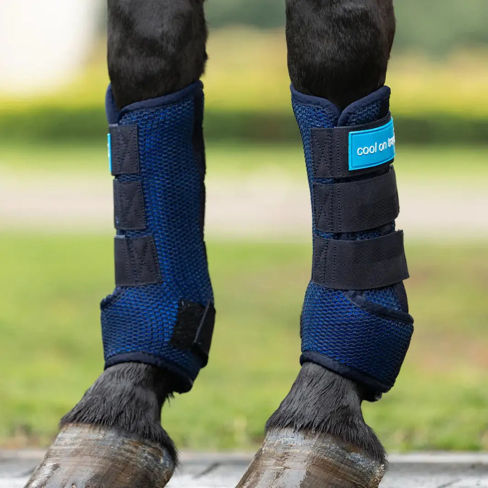 Cool On Track Quick Wraps applied on horse legs, offering reusable cooling therapy without ice for equine rehab and post-exercise recovery.