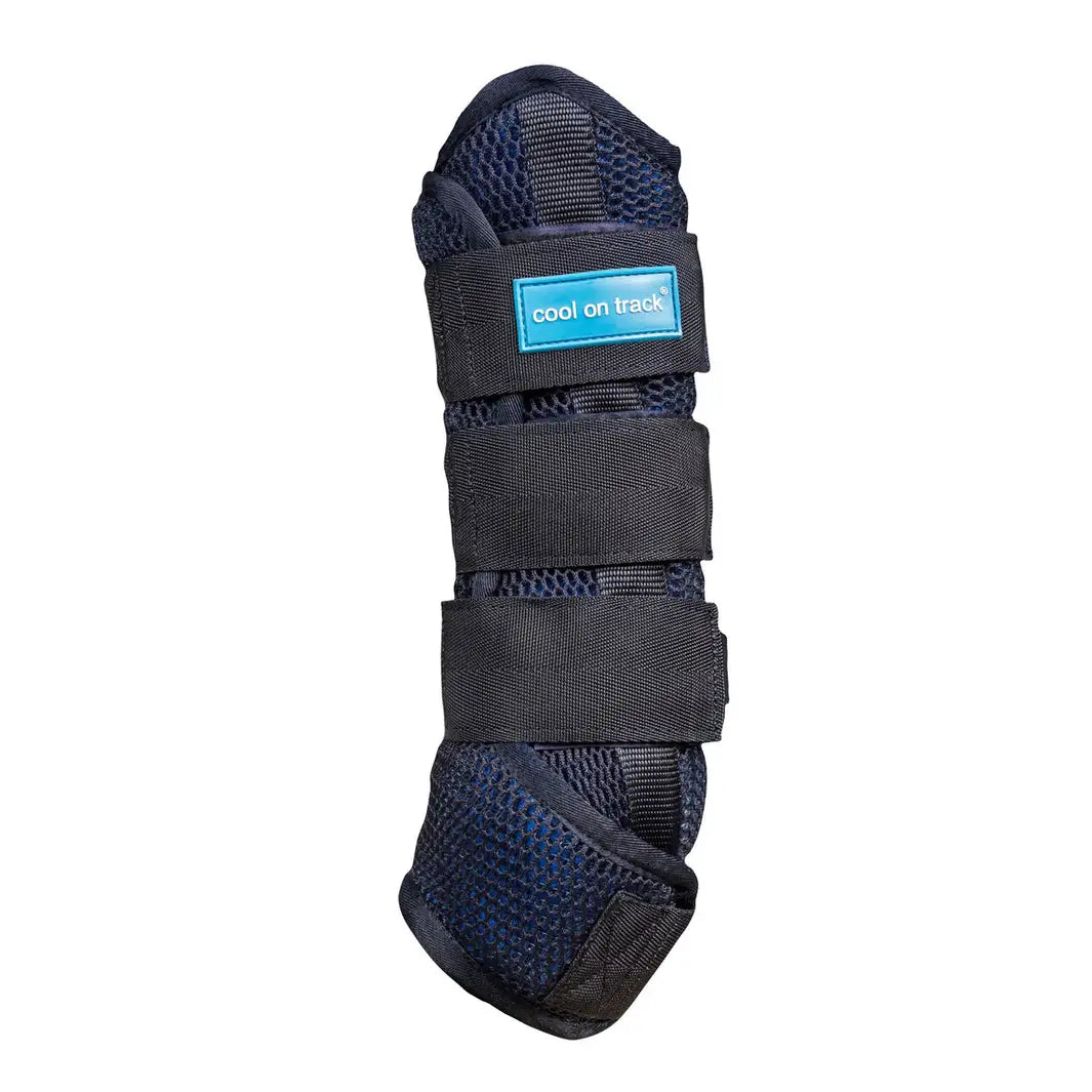 Single Cool On Track Quick Wrap rolled and secured, featuring breathable mesh and Velcro straps for reusable, ice-free horse leg cooling.