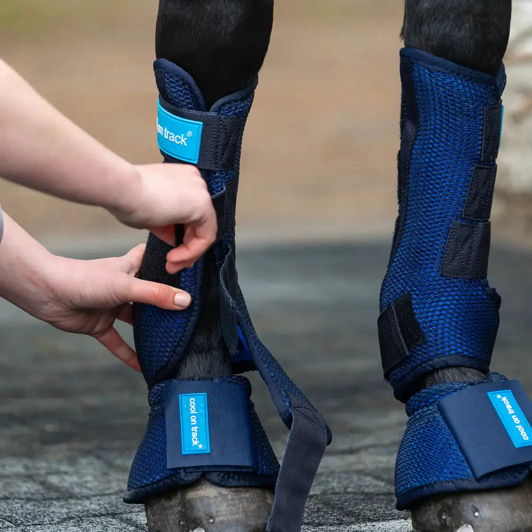 Cool On Track Quick Wrap being secured on a horse leg, highlighting easy application and effective cooling for equine rehabilitation.
