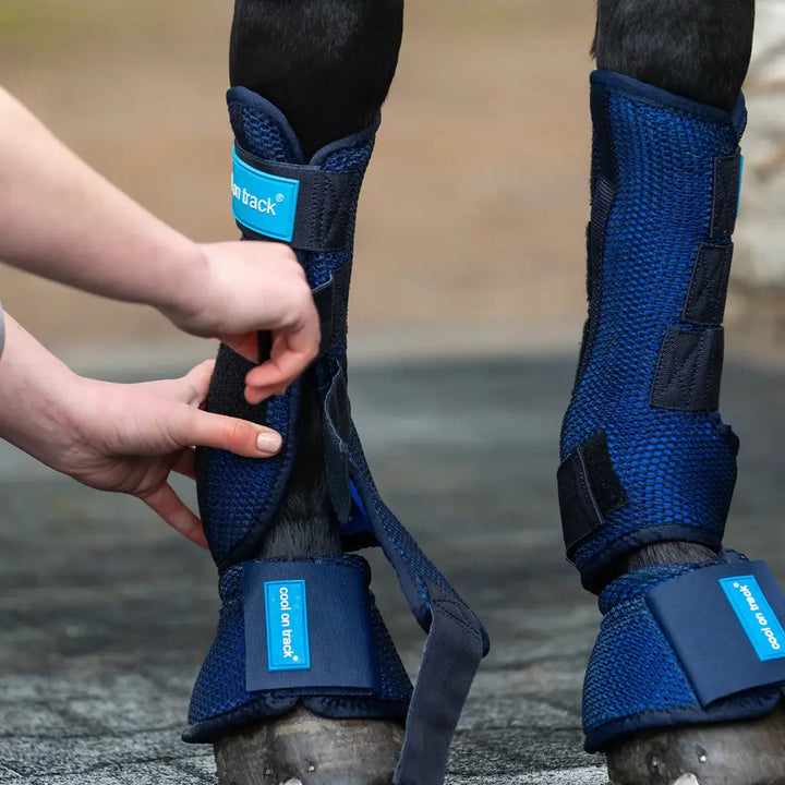 Cool On Track Quick Wrap being secured on a horse leg, highlighting easy application and effective cooling for equine rehabilitation.
