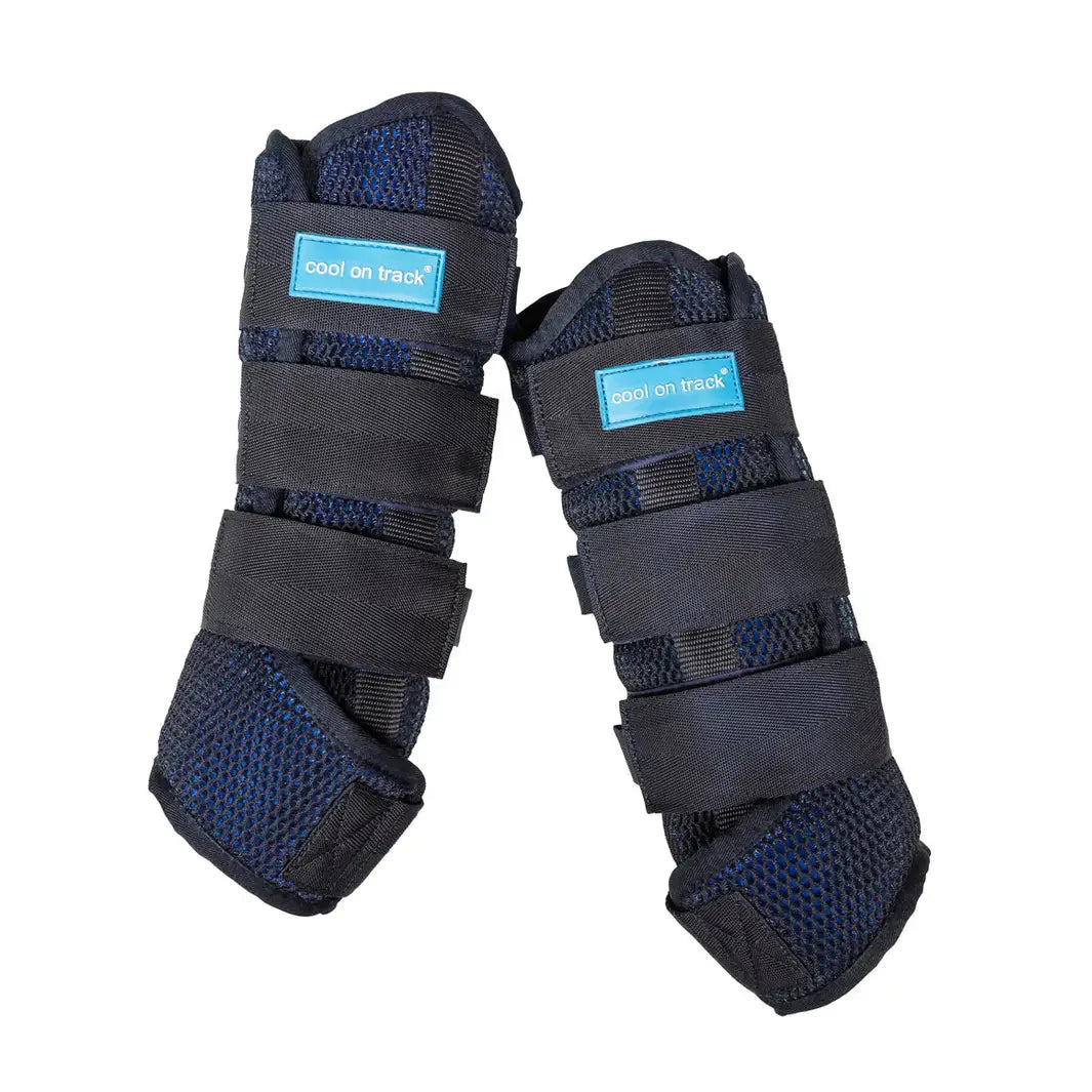 Cool On Track Quick Wraps for horses in navy blue with black straps, designed for ice-free leg cooling and equine therapy recovery.