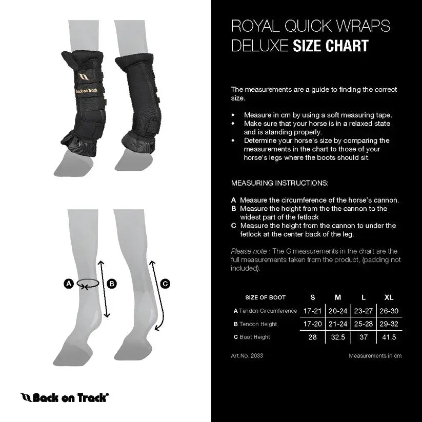 Deluxe Royal Quick Wraps size chart with measurement instructions and size guide for tendon and cannon circumference. Ideal for therapy and support.