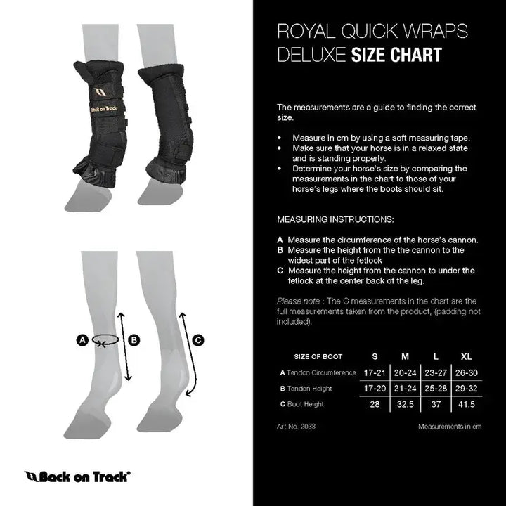 Deluxe Royal Quick Wraps size chart with measurement instructions and size guide for tendon and cannon circumference. Ideal for therapy and support.