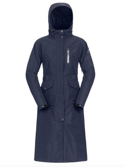 Rear view of the ELT Fehmarn Long Riding Raincoat, showcasing its full-length coverage and adjustable waist straps for a secure fit.