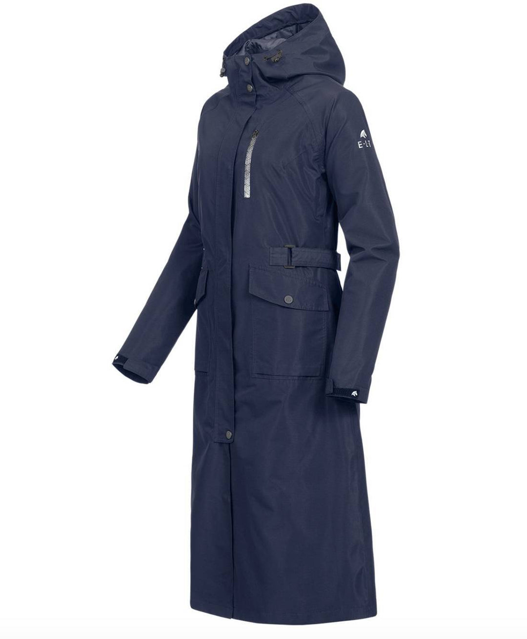 ELT Fehmarn Long Riding Raincoat in black, featuring a fitted design with a hood, adjustable waist, and two-way zip for equestrian use.