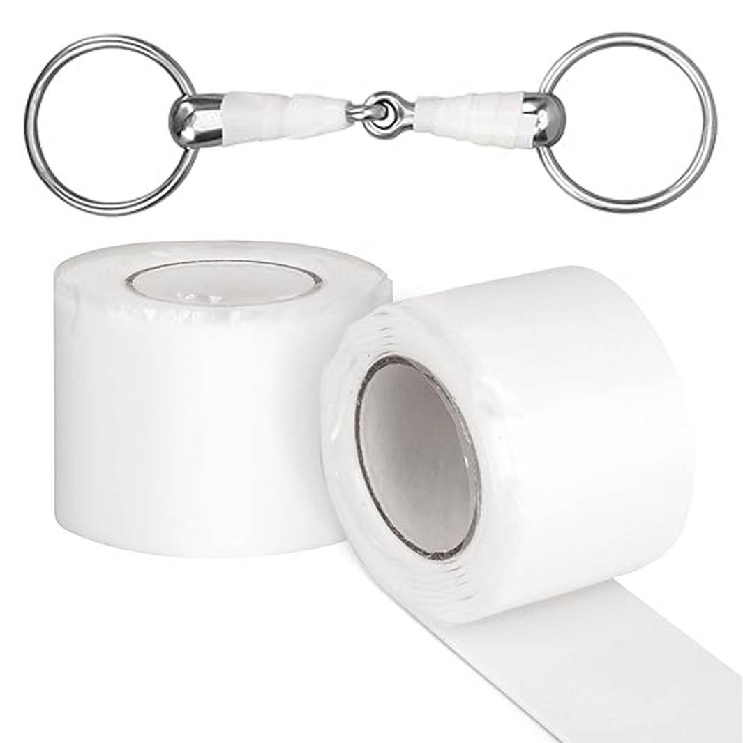 Equine silicone bit wrapping tape in white, shown in rolls and applied to a horse bit for added comfort and protection.