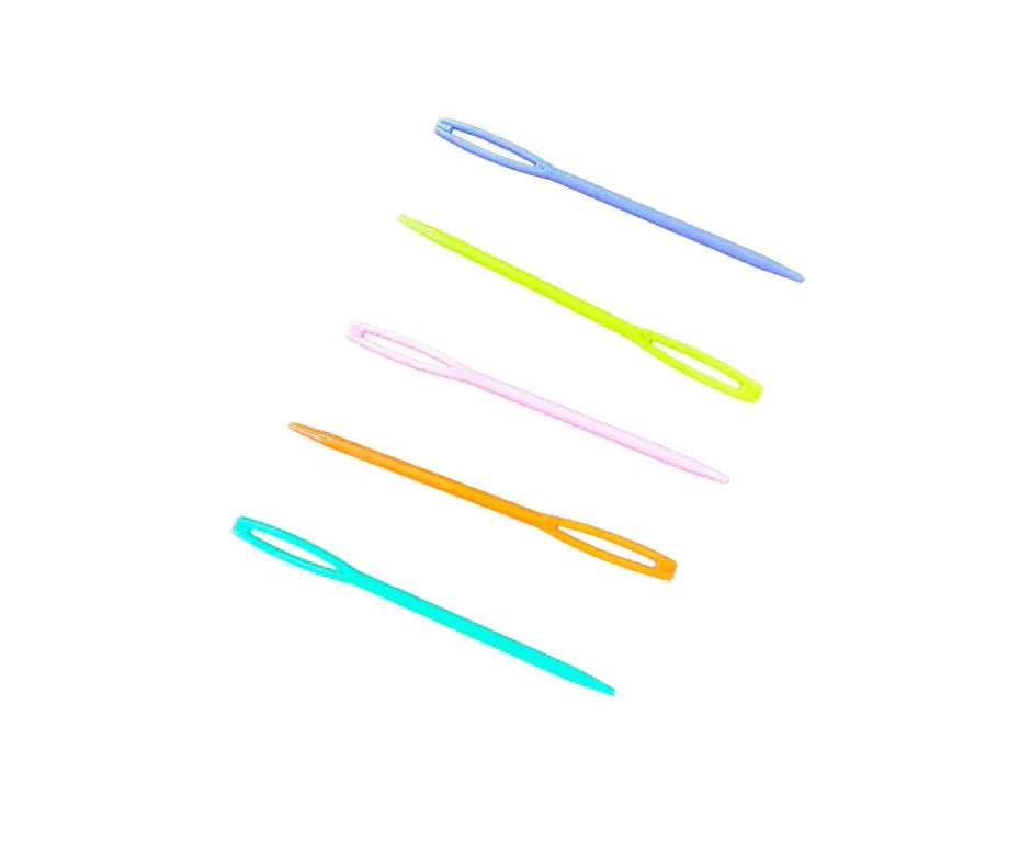Set of colorful plastic horse plaiting needles in blue, pink, orange, green, and yellow. Lightweight and easy-to-use for horse grooming.