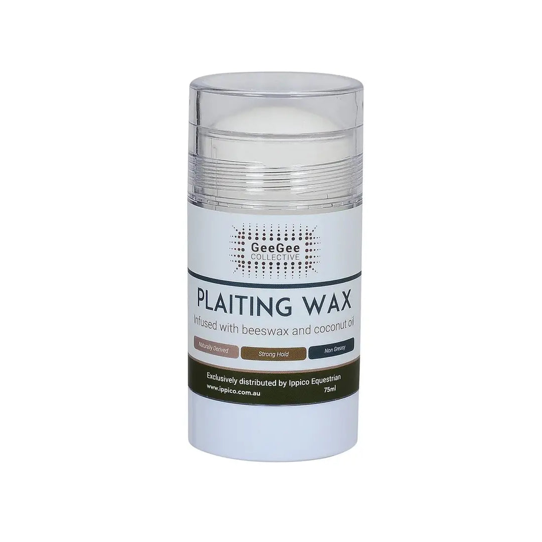 Horse 'Plait It' Plaiting Mane Wax in a 75ml stick container, infused with beeswax and coconut oil for strong hold and natural care. Ideal for achieving perfect plaits with moisturized feel and non-greasy finish.