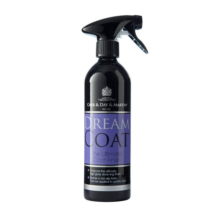 CDM Dreamcoat spray bottle for achieving a glossy, non-slip finish on horse coats, ideal for professional grooming.