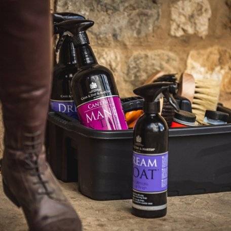 CDM Canter Mane & Tail and Dreamcoat bottles in a grooming kit with brushes, showcasing essential horse grooming products for stables.