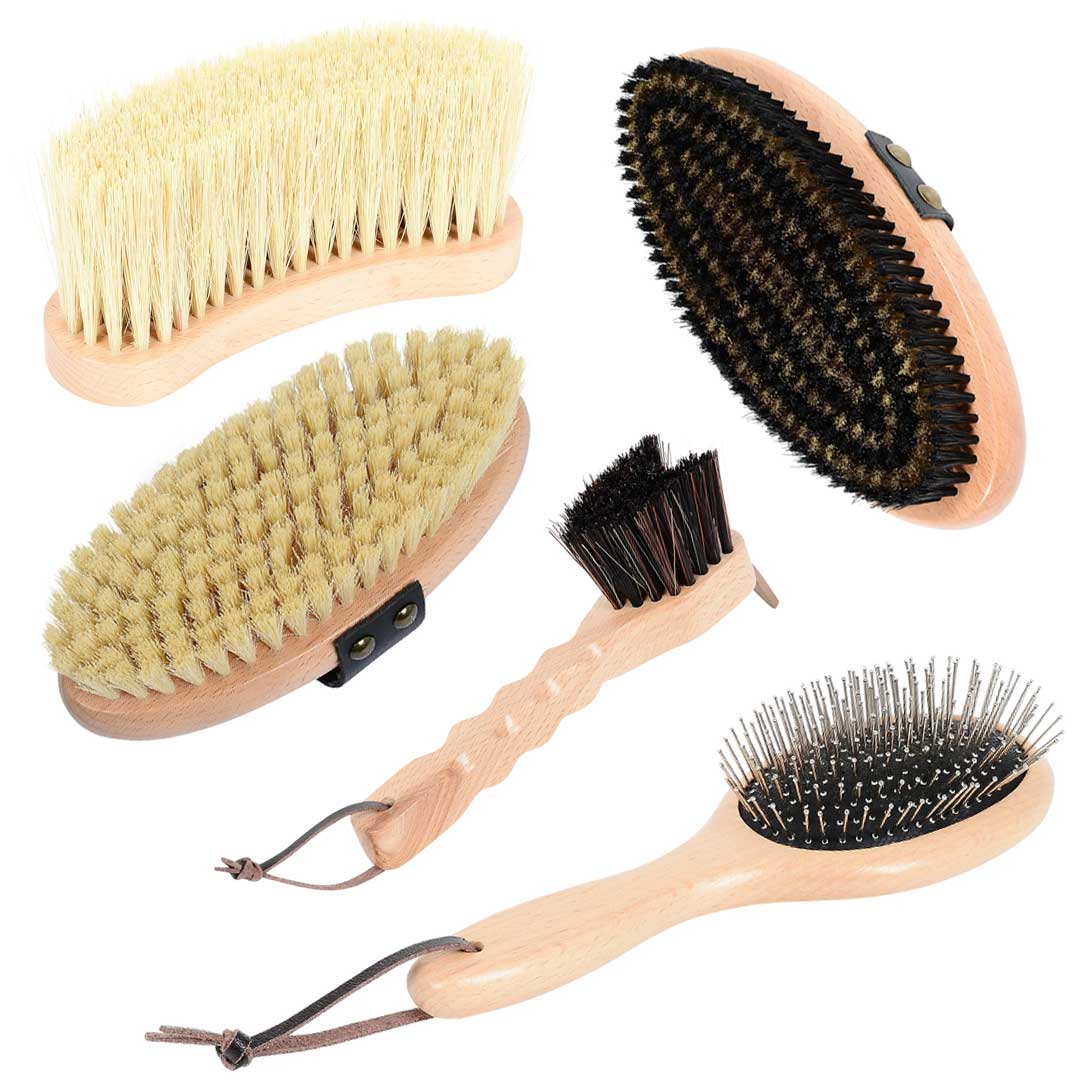 Essential Brush Kit featuring a premium 5-piece horse grooming set with wooden handles, including brushes for various grooming needs.