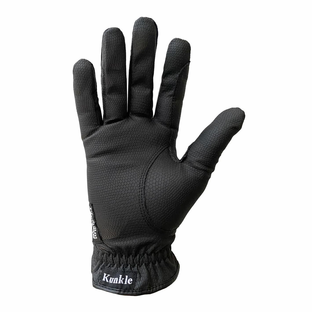 Close-up of Kunkle Equestrian Riding Gloves palm side, emphasizing textured grip and durable synthetic leather construction.