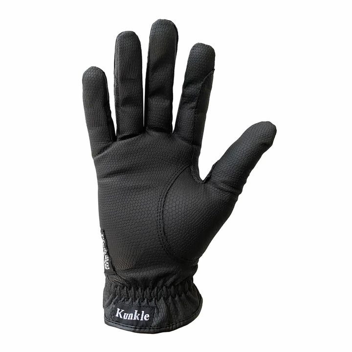 Close-up of Kunkle Equestrian Riding Gloves palm side, emphasizing textured grip and durable synthetic leather construction.