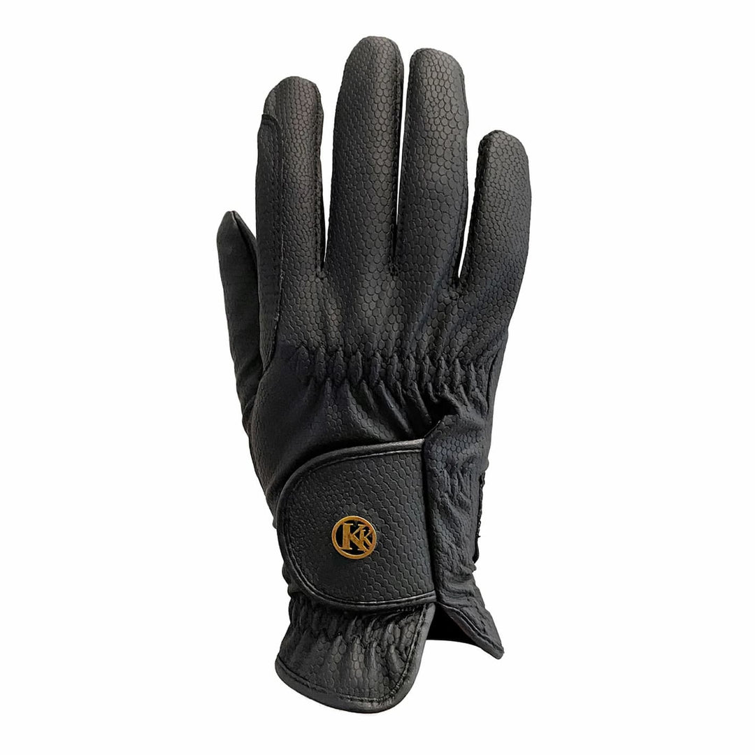 Kunkle Equestrian Riding Gloves in black with premium synthetic leather, featuring a second-skin fit and enhanced grip for equestrian activities.