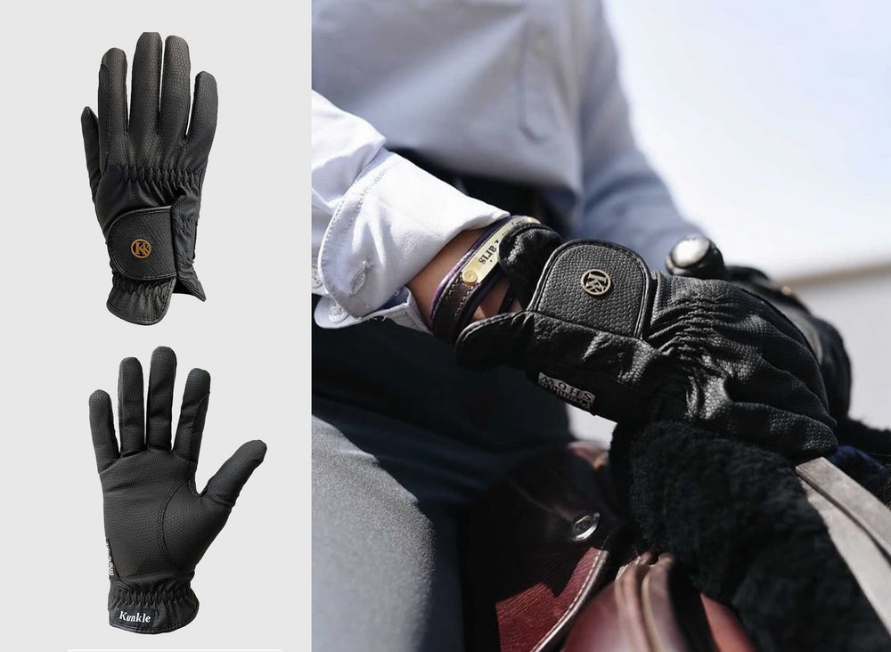 Kunkle Equestrian Riding Gloves showcased in use during horseback riding, highlighting their ergonomic design and superior control.