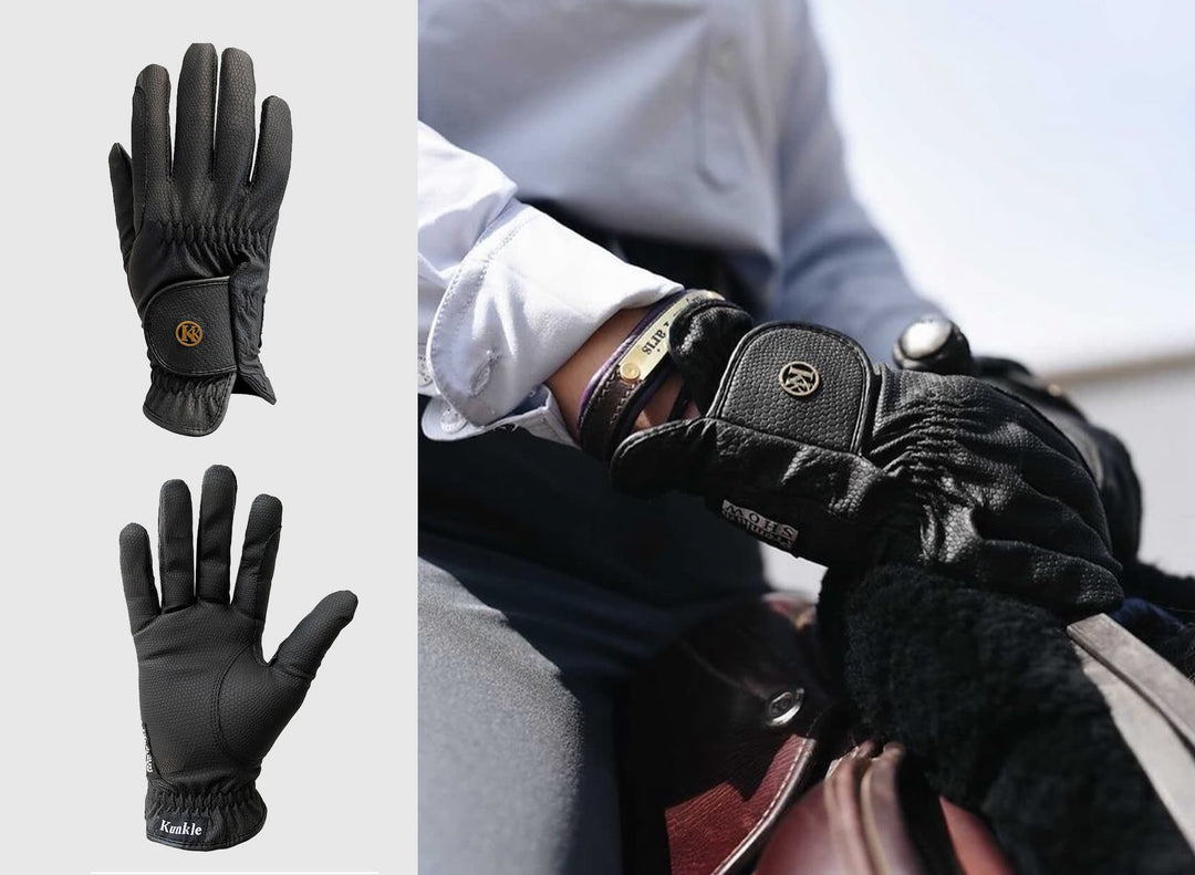 Kunkle Equestrian Riding Gloves showcased in use during horseback riding, highlighting their ergonomic design and superior control.