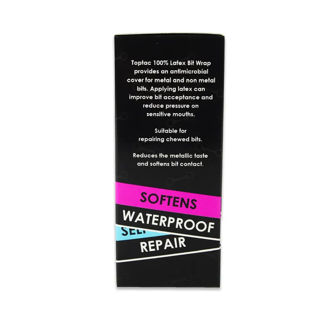 Side view of Latex Bit Wrap packaging detailing its waterproof, softening, and repair features for metal and non-metal horse bits.