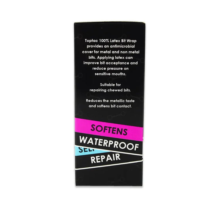 Side view of Latex Bit Wrap packaging detailing its waterproof, softening, and repair features for metal and non-metal horse bits.