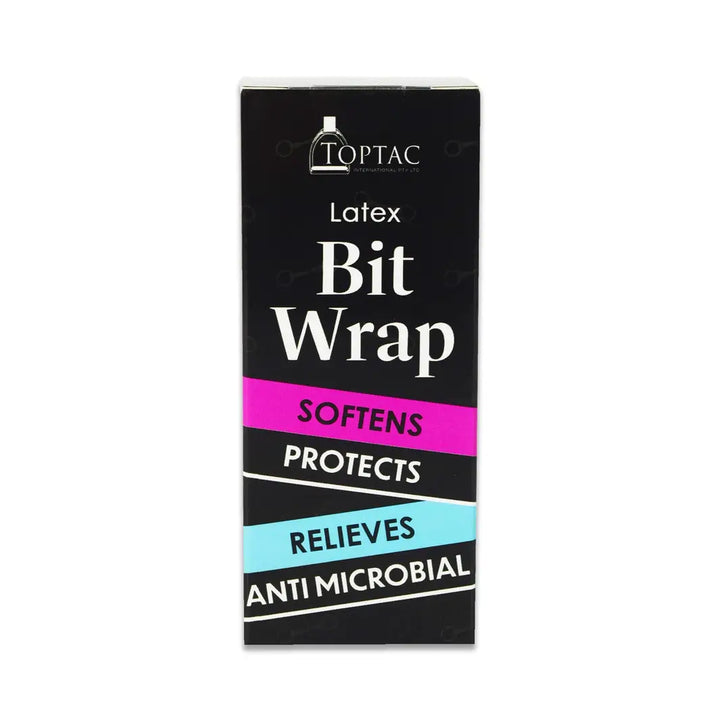 Front view of the Latex Bit Wrap packaging, emphasizing antimicrobial, softening, protecting, and relieving properties for horse bits.