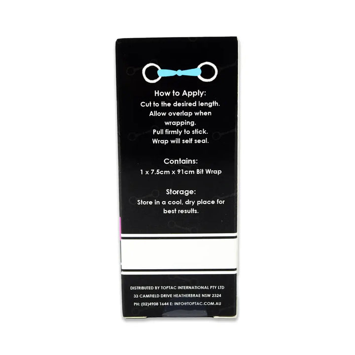 Back view of Latex Bit Wrap packaging with instructions for application, storage recommendations, and product dimensions.