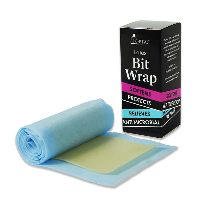 Antimicrobial latex bit wrap for horses, shown unrolled in blue with packaging highlighting its softening, protective, and relieving features.