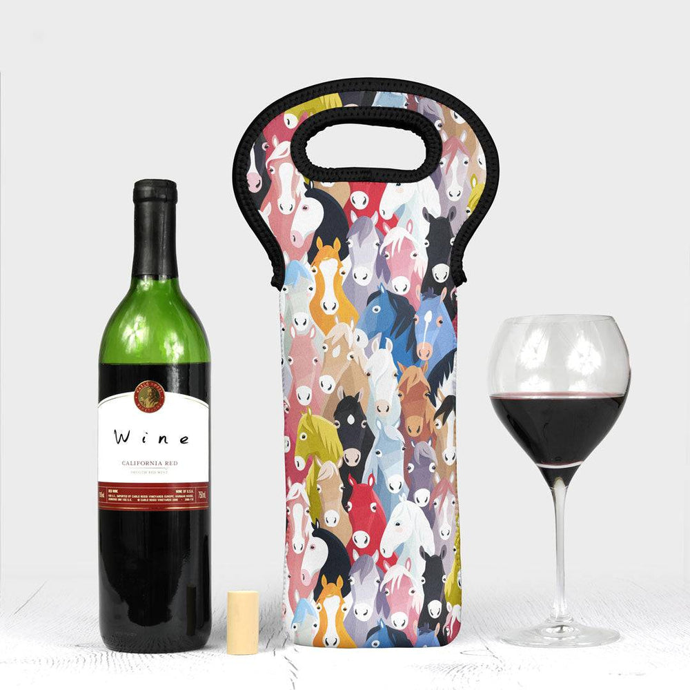 Herd of Hues Drink Bag with Horse Design displayed next to a bottle of red wine and a glass, perfect for gifting or wine storage.
