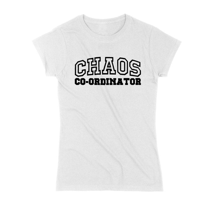 White Chaos Co-Ordinator Tee with bold black lettering, a stylish and comfortable choice for equestrian lovers.