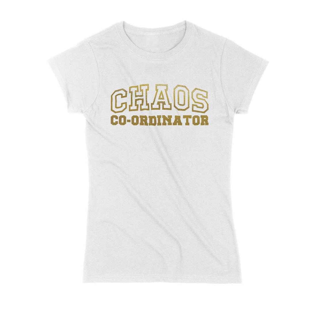 White Chaos Co-Ordinator Tee with bold gold lettering, perfect for equestrian enthusiasts and casual wear.