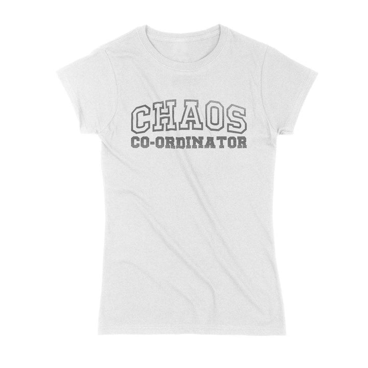 White Chaos Co-Ordinator Tee featuring bold gray lettering, ideal for equestrian-themed casual outfits.