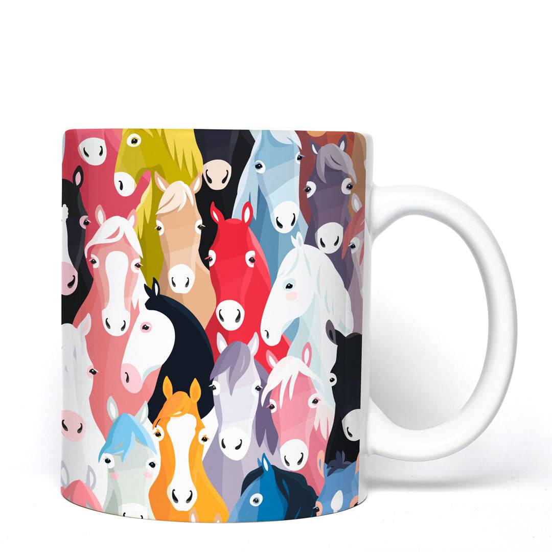 Herd of Hues Mug featuring a colorful illustration of various horse heads on an 11oz ceramic coffee mug, perfect for equestrian enthusiasts.