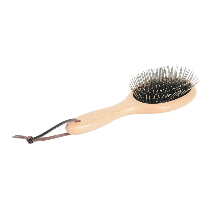Side view of a wooden pin brush with metal bristles, designed for detangling and grooming horse manes and tails.