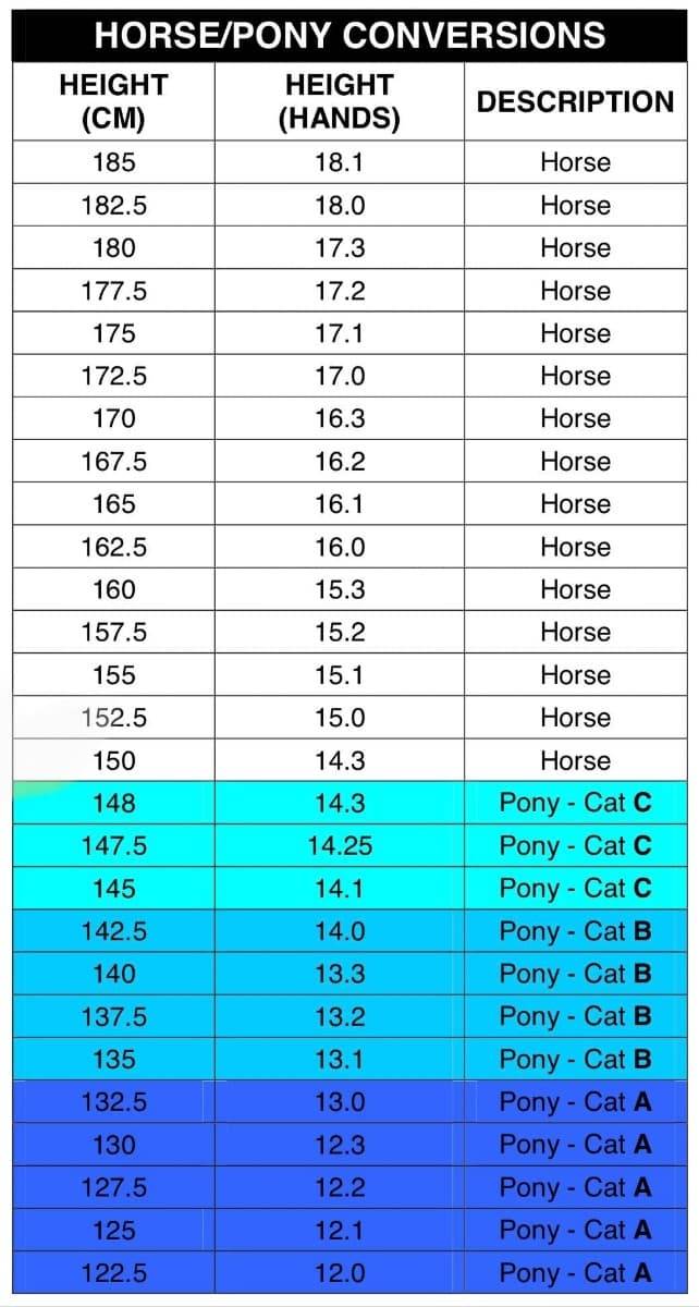 Horse and pony height conversion chart showing measurements in centimeters, hands, and corresponding category descriptions for horses and ponies.