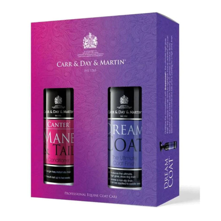 CDM Canter Mane & Tail and Dreamcoat Duo Pack in a purple and pink box, featuring premium horse grooming products for mane, tail, and coat care.