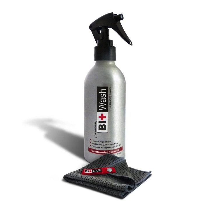 Bit Wash Cleaning Kit with spray bottle and cleaning cloth, designed for cleaning and disinfecting horse bits with buttermint flavor.