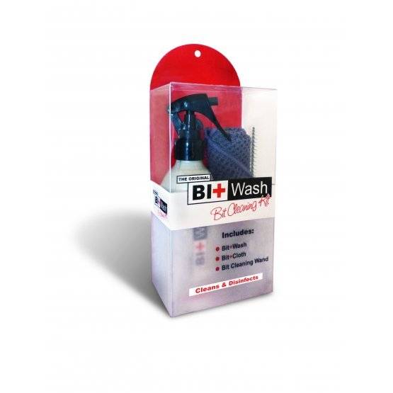 Bit Wash Cleaning Kit in retail packaging, including spray bottle, cleaning cloth, and cleaning wand for horse bit maintenance.